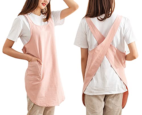 Cotton Cross Back Aprons Solid Color Cooking Kitchen Garden Smock for Women Girls with Pockets - color: Pink