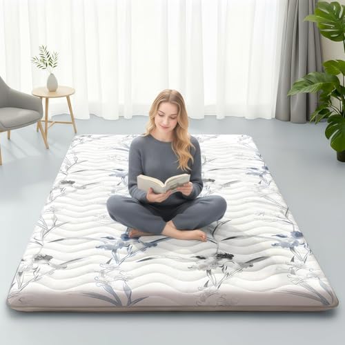 SCHNAUZER HOME Japanese Futon Floor Mattress Full 3.5" Thick Ink Wash | Foldable Mattress Tatami Mat Sleeping Pad, 100% High Density Foam, Roll Up Floor Lounger for Living Room RV, Floral Pattern - color: Ink Wash White, size: Full( 80 x 54)