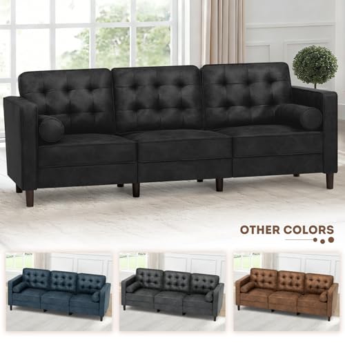 84 Inches Suede Leather Couch with Bolster Pillows, Black - color: Black, size: 84" Sofa