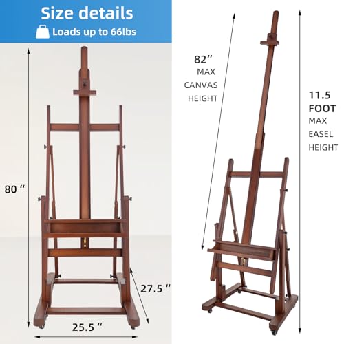 Falling in Art Extra Large H-Frame Studio Easel with Storage Tray (Walnut) | Solid Beechwood Artist Easel , Adjustable Canvas Holder Stand with Rolling Wheels for Painting Adult - style: Studio Easel Walnut