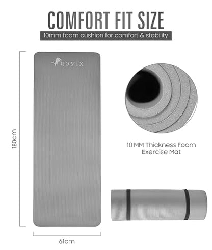 ROMIX Yoga Mat Thick 10Mm, Non-Slip Exercise Mat, 72 X 24 In, NBR - color: Gray