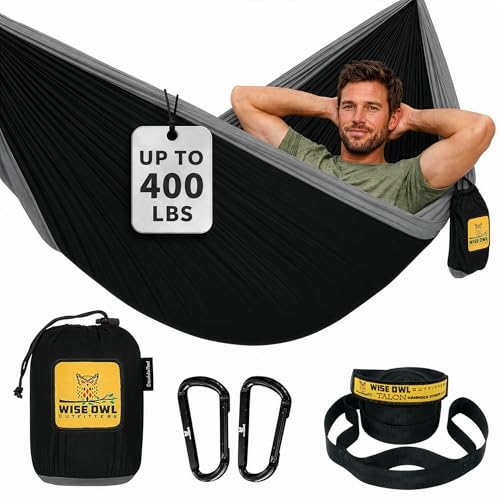 Wise Owl Outfitters Hammock for Camping Single Hammocks Gear for The Outdoors Backpacking Survival or Travel - Portable Lightweight Parachute Nylon SO Black & Grey - color: Black & Grey, size: Single