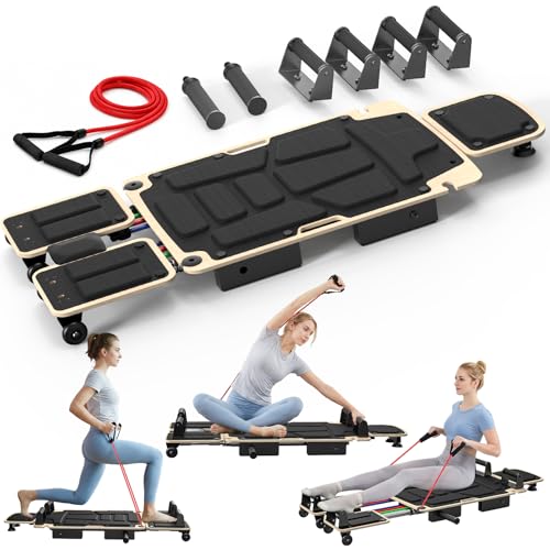Pilates Board Reformer for Home Workout, Pilates Equipment with Dual & Split Foot Pads, Smooth Sliding Rail System, Adjustable Headrest for Heights 3'7"–6'3", Core & Full-Body Training