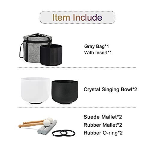 Couple of 2 PCS Yin and Yang Crystal Singing Bowl Set 8 Inch Black and 10 Inch White Mutual Attraction Bowls - size: 8"A 10"F