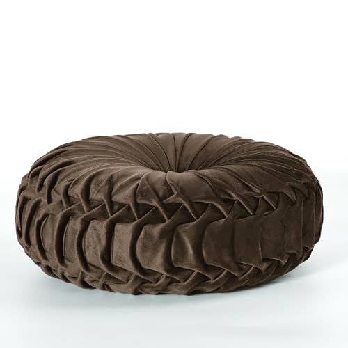 HIG Set of 2 Chocolate Velvet Decorative Round Pleated Throw Pillows - color: Chocolate