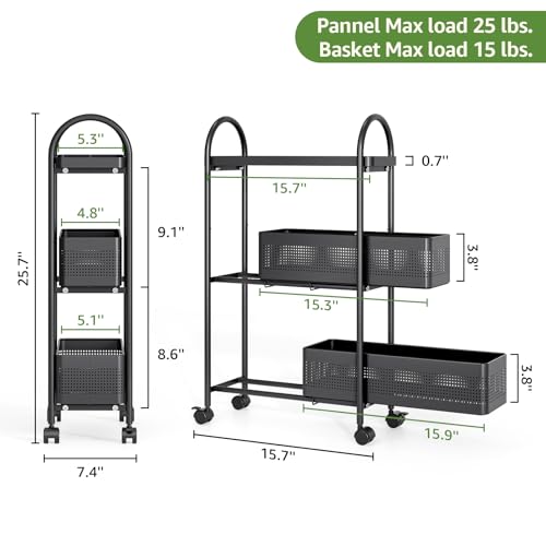 KINGRACK 3 Tier Slim Rolling Cart with Drawer, Metal Utility Storage Cart | 2 Pull-out Baskets, Lockable Wheels, Narrow Space Trolley Organizer for Bathroom, Kitchen, Office, Dorm, Laundry Room, Black - color: Black, size: 3 Tier-2BKT