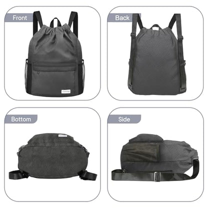 Waterproof Drawstring Backpack Sports Gym Sackpack with Mesh Pockets Water-Resistant String Cinch Beach Bag for Men Women - color: Solid - Gray
