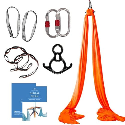 Aerial Silks Starter Kit, 9 Yards, Aerial Yoga Hammock, Hardware | Knitted fabric with pose guide, for aerial yoga, gymnastics, silk swing, stretching and home gym use, suitable for all levels - color: Orange
