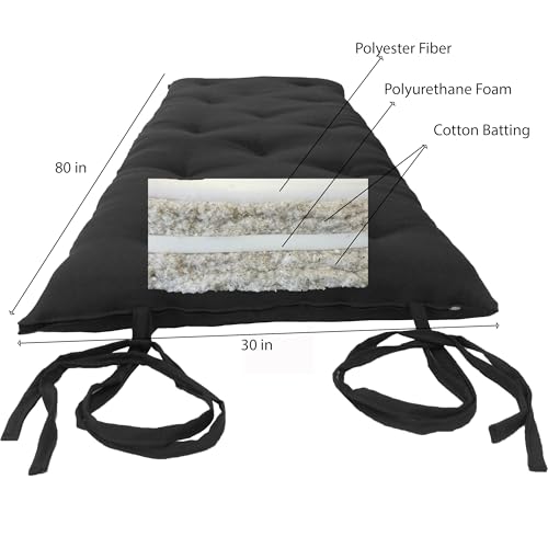 D&D Futon Furniture 면/폼 전통 일본/태국 바닥 롤링 푸톤 매트리스, 요가 명상 매트, 7.6x76.2x203.2cm(3x30x80인치) 블랙