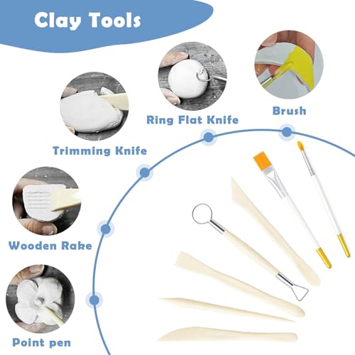 EIGTWEN 20pcs Air Dry Clay for Adults Kit, Full Tools, Ideal for Beginners | 4.4oz Air Dry Clay, 50ml Gloss Glaze, 8 Colors of Paint, Sculpting Tools, Paintbrushes, Brushes, Sponges,Complete Tools