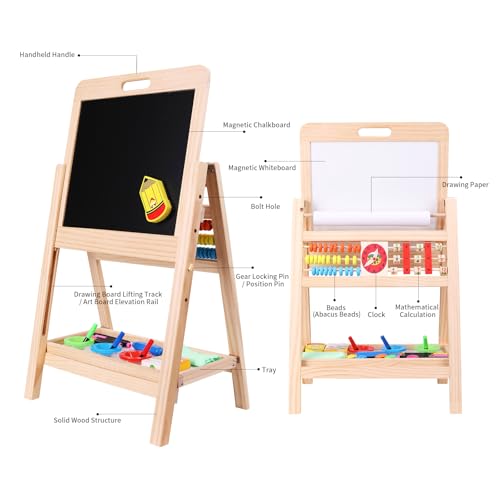 QZMTOY Kids Art Easel, Deluxe Standing Easel Set, Adjustable Art Table, Dry Erase Board & Chalkboard Double Sided Stand, 360 Rotating Drawing Easels with Art Supplies, Adjust Height 28-39in