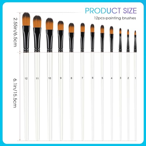 12 Pcs Filbert Paint Brush Set for Acrylic Painting, Flat Tip Watercolor Gouache Artist Brush Professional Painting Kits with Nylon Tips for Drawing Painting (Flat Tip)