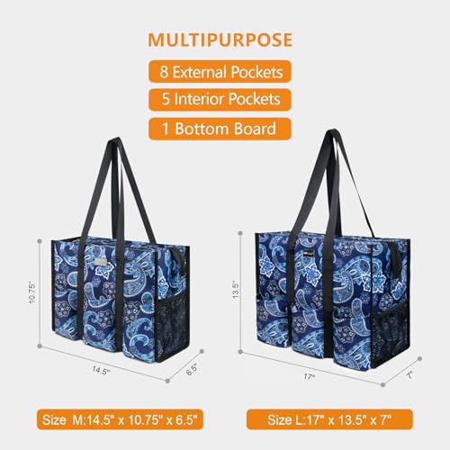 TOPDesign Utility Water Resistant Tote Bag with 13 Pockets, Zipper Closure - color: Blue Bandanna, size: Medium