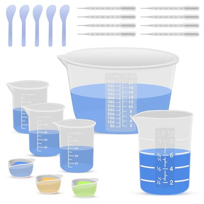 Silicone Resin Mixing Measuring Cups for Resin Supplies, 600ml/20oz Bowl, 250 & 100ml Thickened Reusable Silicone Cups for Epoxy Mixing, with Stir Sticks and Pipettes, Jewelry Making - size: 600+250+3*100ml (Transparent Marks)