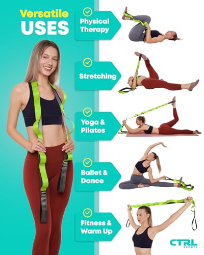 Stretching Strap with Loops - Non Elastic Yoga Strap for Physical Therapy - style: 12 Loops - Green