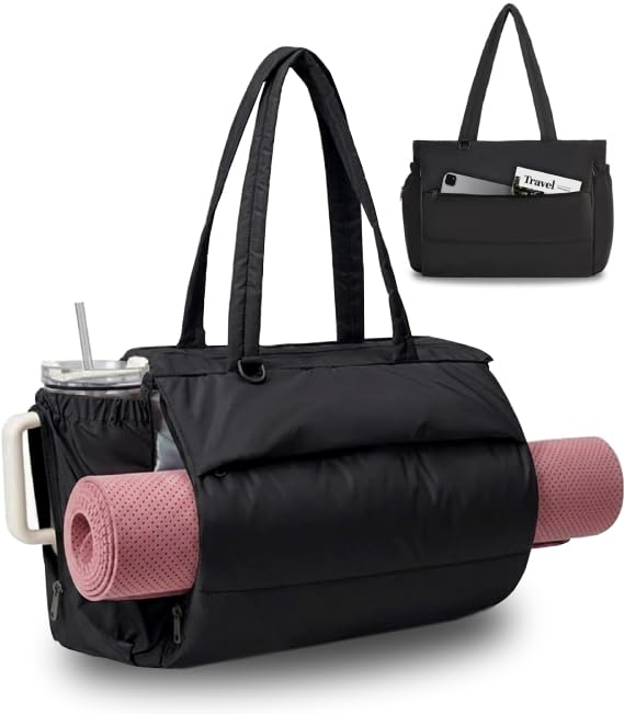 Gym bag with yoga mat holder Tote Bag for Women with cup holder travel - color: Black