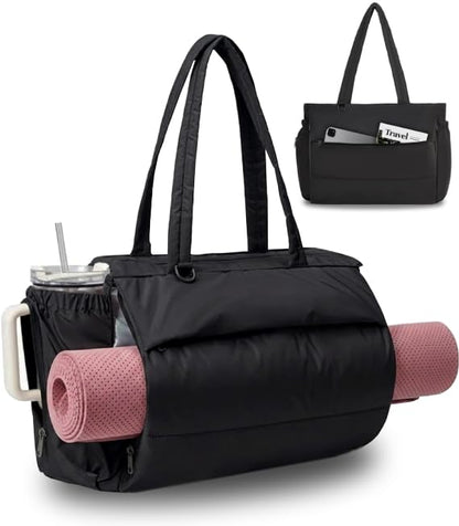 Gym bag with yoga mat holder Tote Bag for Women with cup holder travel - color: Black