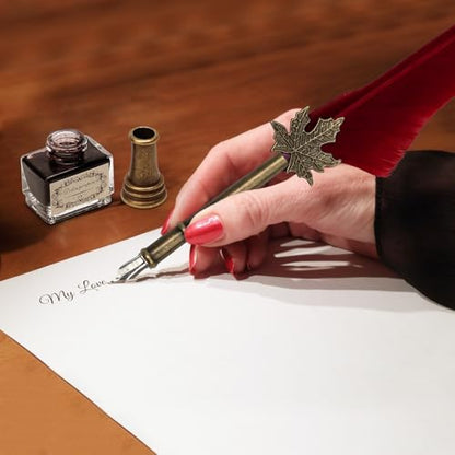 AHIER Quill Pen and Ink Set, Feather Pen Quill Pen Set Includes 5 Steel Replacement Nibs,Pen Nib Base and Dip Ink Bottle for Antique Calligraphy (Red) - color: Red
