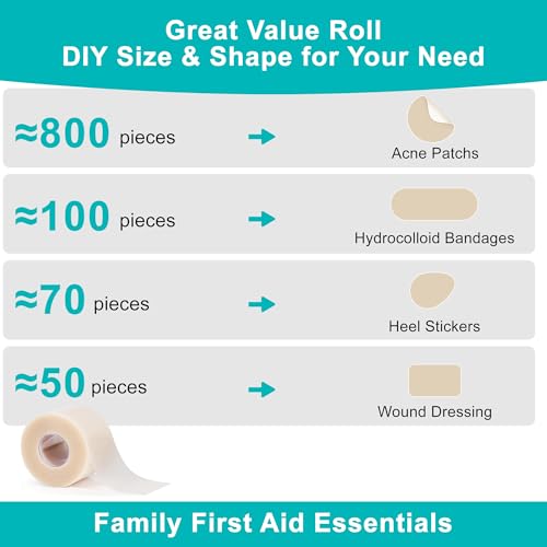 Hydrocolloid Roll for Wound Care, Medical-Grade Hydrocolloid Bandages with Self-Adhesive, Cut-to-Size Patch Bandages, Ultra Absorbent, Waterproof, First Aid Kit Essential (2in*4.8ft)