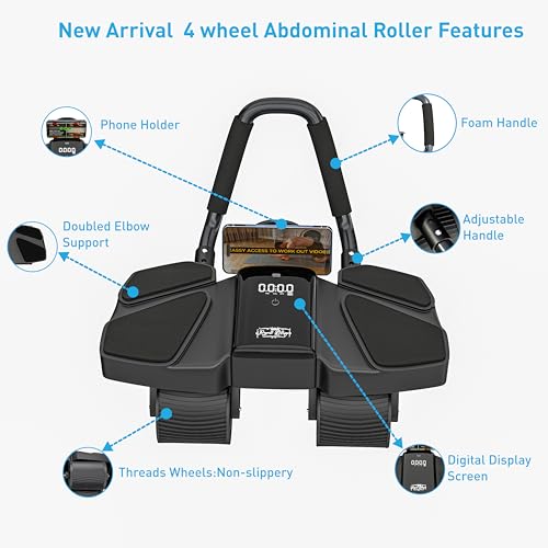 Ab Roller Home Gym Equipment – 4 Wheels Ab Wheel Muscle Roller with Automatic Rebound, Yoga Stretching Strap, 3 Resistance Bands – Comfortable Elbow Support with Non-Slip Handles – Built-in Workout Tracker - color: Black New + 3 Bands + 1 Strap