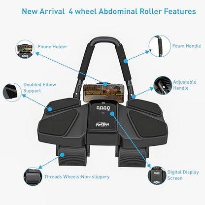 Ab Roller Home Gym Equipment – 4 Wheels Ab Wheel Muscle Roller with Automatic Rebound, Yoga Stretching Strap, 3 Resistance Bands – Comfortable Elbow Support with Non-Slip Handles – Built-in Workout Tracker - color: Black New + 3 Bands + 1 Strap