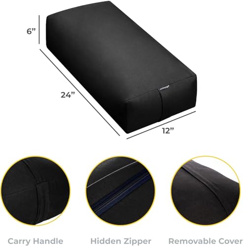 엑스트라 펌 라지 요가 볼스터, 61 x 30.5 x 15.2cm(24 x 12 x 6인치) 신치 또는 지퍼 요가 베개, 스튜디오용 탈착식 커버가 있는 직사각형 면 쿠션, 1팩 또는 2팩 - color: 블랙 - 지퍼 커버, size: 2팩
