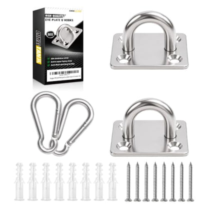2Pcs M6 304 Stainless Steel Heavy Duty Pad Eye Plates w/Snap Hooks | Rustproof 304 SS Pad Eye Plates w/ Hooks, Heavy Duty for Indoor Outdoor Use, Fits Hammock Swing Yoga Sling Ceiling Mount - size: 2pk M8