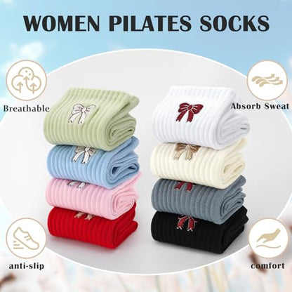 Women's Pilates Grip Socks, Ruffle Non Slip Bow Pattern Yoga Socks | Grippy, Frilly Trim, Embroidery, Crew Length, Soft Cotton, Arch Support, for Barre Ballet Dance Workout Hospital Home Gifts - color: C07-black (Red Bow)*2