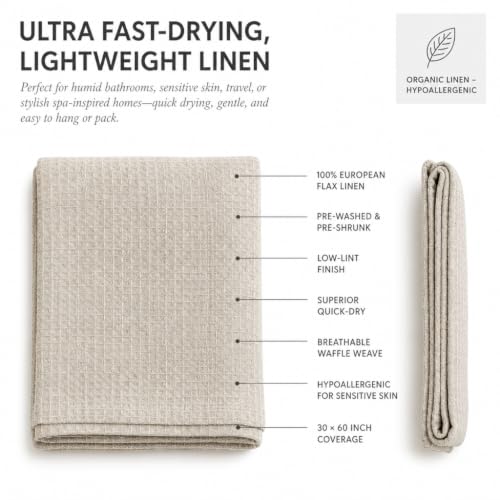 Pure 100% Linen Bath Towel - 30x60-inch Waffle Weave Hair Towel Quick Dry - color: Natural Linen, size: Bath Towel