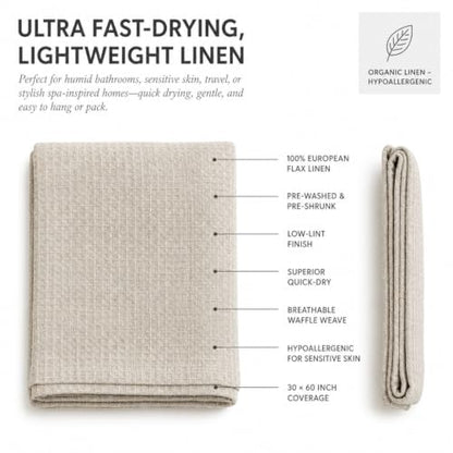 Pure 100% Linen Bath Towel - 30x60-inch Waffle Weave Hair Towel Quick Dry - color: Natural Linen, size: Bath Towel
