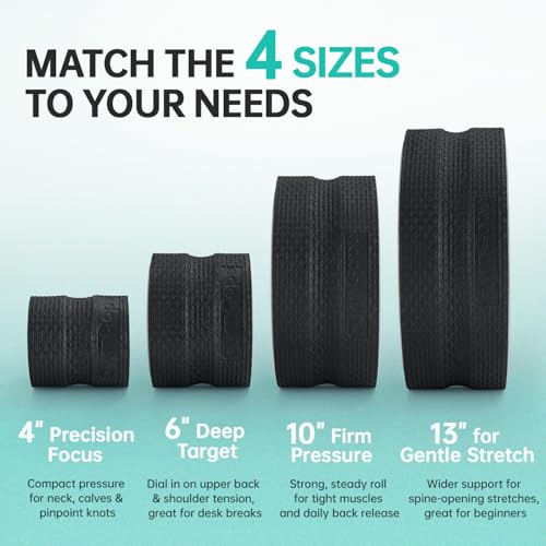 GymCope Back Roller Wheel, Spine-Safe Groove for Deep Stretch, 530 lbs | 1/2in sweat-resistant foam over ABS core, 4 sizes 4 to 12in plus 4-pack with 13in, yoga pilates home gym recovery, pvc free - color: Black, size: 4"+6"+10"+13"