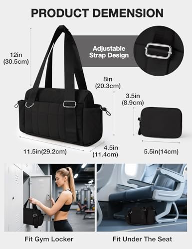 Mini Gym Bag for Women Puffy Bag, Small Gym Bag with Coin Wallet, Lightweight Gym Tote Bag for Fitness, Work, Travel, Daily Commute,Black - color: Black