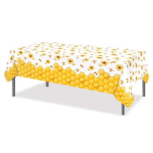 1Pc Bees Party Plastic Tablecloth 54 x 87 Inch Long Table Cover, Honey Sunflower Honeycomb Daisy Party Tablecover for Bee Kids Baby Shower Birthday Dinner Picnic Kitchen Event - color: Bees