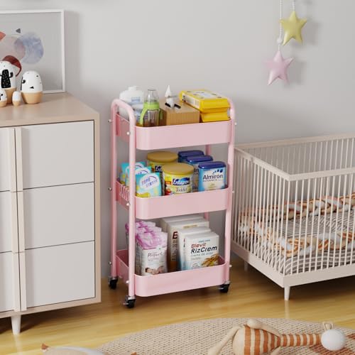 3-Tier Rolling Cart with Table Top, Metal Utility Cart on Wheels | Sturdy Storage Organizer Cart with Lockable Wheels&Hooks for Craft, Office, Classroom, Kitchen and Bathroom, Pink - color: Pink