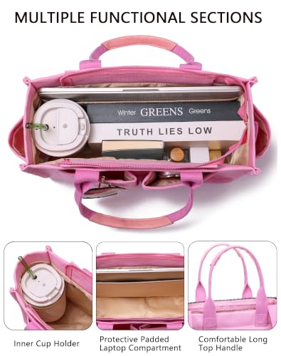 ZHMO Canvas Tote Bag for Women,Women's Bags Crossbody Bags Work Laptop Tote Bag Large Handbags Purse for Travel Nurse Teacher - color: New Upgrade Plus Pink With Compartments and Inner Cup Holders