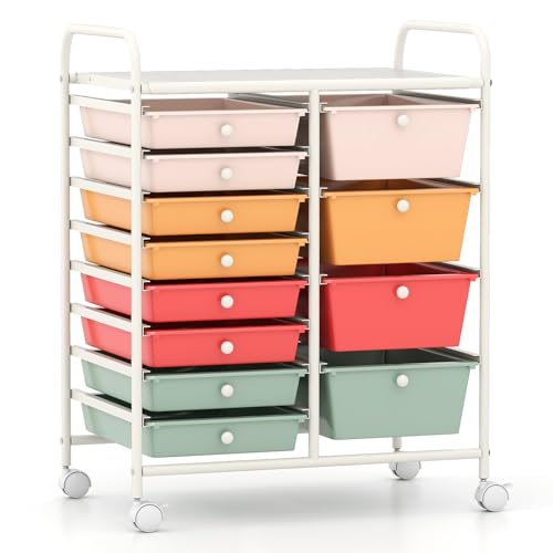 12 Drawer Rolling Storage Cart, Rolling Cart with Drawers for Classroom, Art Supply Craft Organizer on Wheel with Metal Frame & Handles for Home Office School (Macaron, 12 Drawer Left-Right) - color: Macaron, size: 12 Drawer Left-Right