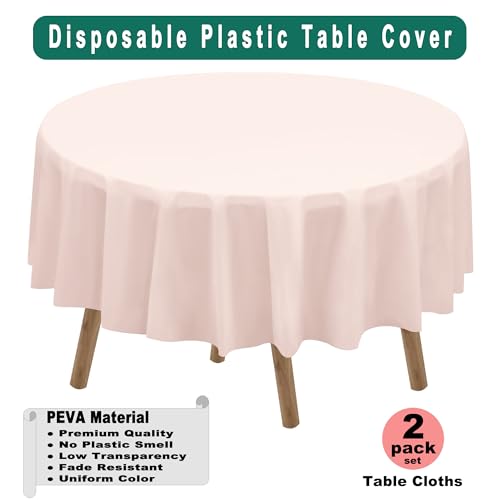 Blush Pink Plastic Tablecloths 2 Pack Light Peach Disposable Table Covers 84 Inch Circle Bridal Shower Party Tablecovers PEVA Table Cloths for Picnic Birthday Wedding Parties 6 ft Round Table Use - color: F00 Blush Pink