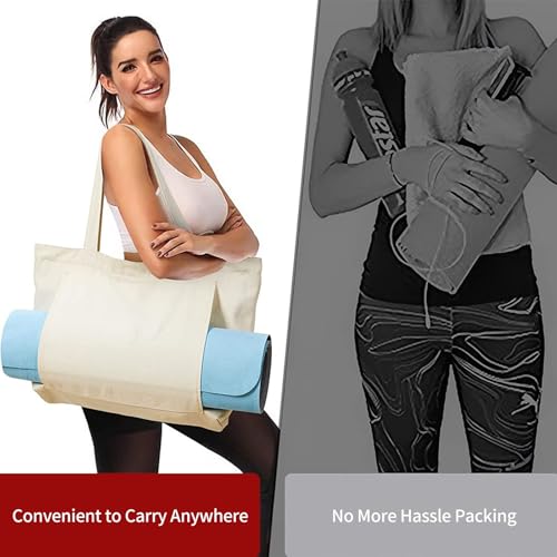 KIGI Canvas Tote Bag with YOGA Mat Carrier Pocket for Gym, Pilates, Workout, Beach and Office - color: Black