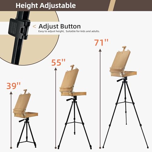French Style Easel with Beech Wood & Aluminum Tripod | Light Weight Plein Air Easel- Adjustable Sketch box Tripod for Outdoor & Studio Painting, Sketching - color: Nature