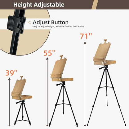 French Style Easel with Beech Wood & Aluminum Tripod | Light Weight Plein Air Easel- Adjustable Sketch box Tripod for Outdoor & Studio Painting, Sketching - color: Nature