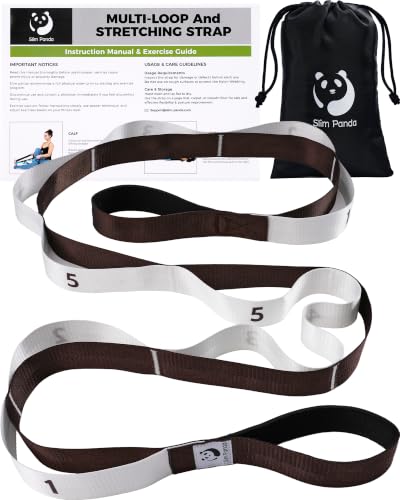 Slim Panda Stretching Strap with Loops - Non-Elastic Heavy Duty Nylon Yoga & PT - Oversized Multi-Loop Home Rehab - Hamstring Shoulder Pilates Flexibility - color: Beige