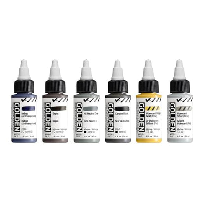 High Flow Acrylics by GOLDEN, High Flow Drawing & Lettering Set, 6 Colors, Professional Acrylic Paint