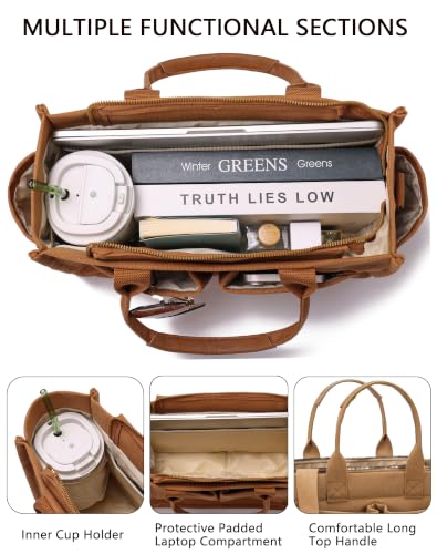 ZHMO Canvas Tote Bag for Women,Women's Bags Crossbody Bags Work Laptop Tote Bag Large Handbags Purse for Travel Nurse Teacher - color: New Upgrade Brown With Compartments and Side Cup Holders