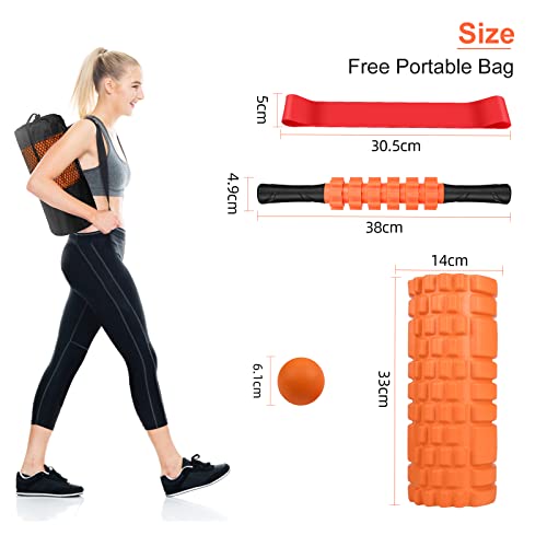 Aucuu 6 in 1 Foam Roller Set Includes Hollow Core Massage Roller, Yoga Stick, Massage Ball, Fitness Stretching Strap, Carrying Bag, Towel, Massage Roller (Orange) - color: Orange