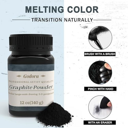 Artist Graphite Powder for Drawing and Shading, 12 Oz | 340g jar supports broad shading, smooth gradients, tonal studies and repeated dry-media art sessions.