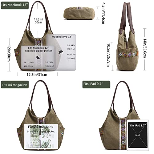 Worldlyda Women Canvas Hobo Purse Multi Pocket Tote Shopper Shoulder Bag Casual Top Handle handbag with Embroidery Ethnic - color: Army Green