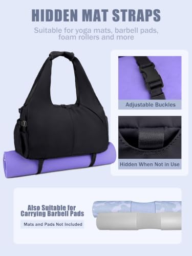RHDZO Gym Bag for Women with Shoe and Wet Compartments, Yoga Mat Holder - color: Black-Upgraded