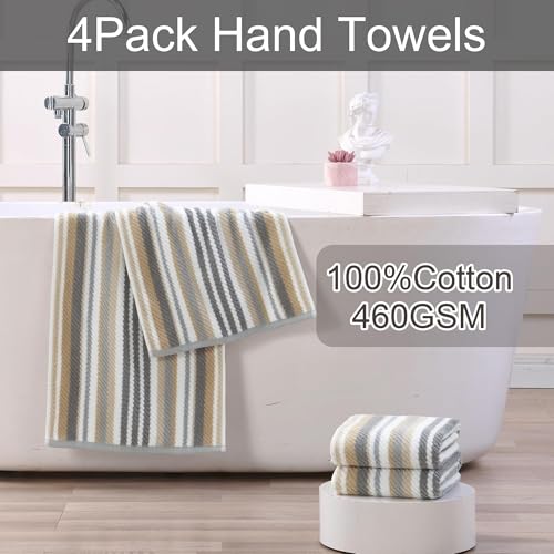 VOOVA & MOVAS Hand Towels 4 Pack, 100% Cotton, 16x27 in, Tan Gray Beige - color: Beige + Gray Striped, size: 4 PC Hand Towels (16"x27")