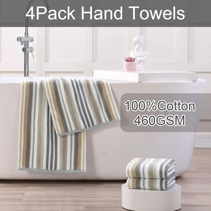 VOOVA & MOVAS Hand Towels 4 Pack, 100% Cotton, 16x27 in, Tan Gray Beige - color: Beige + Gray Striped, size: 4 PC Hand Towels (16"x27")