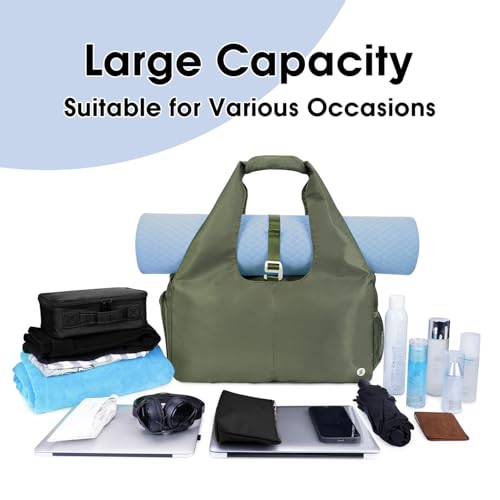 Sportsnew Tote Yoga Mat Gym Bag 20L Women W/Shoe Compartment Wet Dry Pocket | Water-Resistant Gym Tote - Mat Strap, Ventilated Shoe Bin, Wet Pocket, Padded Handle, Multi Pockets, Side Mesh & Key Clip - color: Army Green